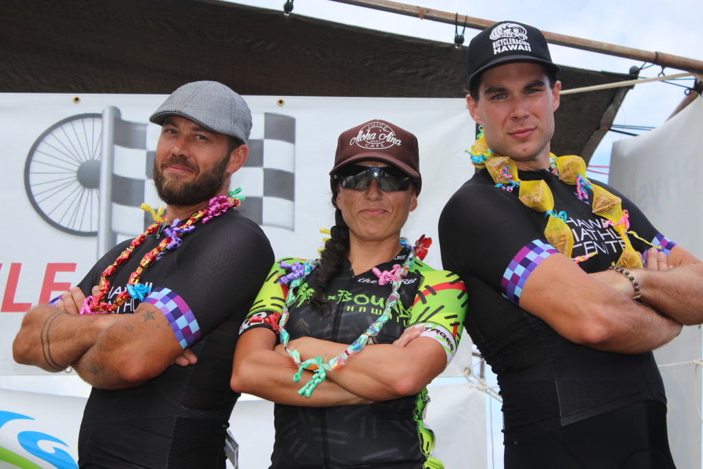 First place winners by category of P2M+ the Kaua`i Omnium: Scotty Smith (cat 4/5), Nikki Moreno (women), and Bill Lezzer (cat 1/2/3 and overall).